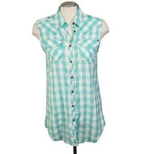 Vintage Womens Med Cotton Button Down Gingham Sleeveless Top Pockets Epaulettes